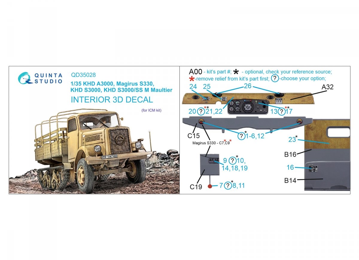 Quinta Studio QD35028 KHD A3000, Magirus S330, KHD S3000, KHD S3000/SS M Maultier 3D-Printed &amp;amp; coloured Interior on decal paper (ICM) 1/35 – zdjęcie 11