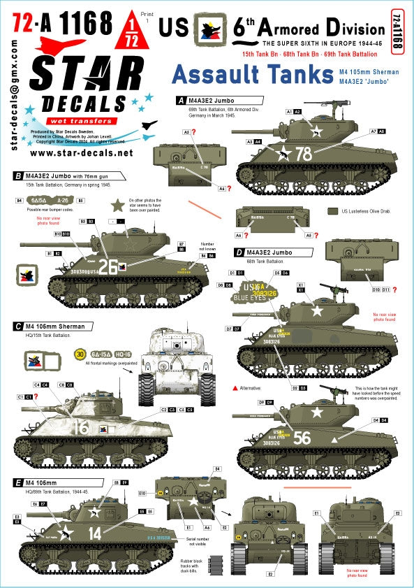 Star Decals 72-A1168 72-A1168 US 6th Armored Division 2 The Super-Sixth in Europe 1944-45 1/72