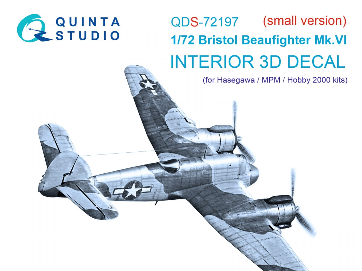 Quinta Studio QDS-72197 Bristol Beaufighter Mk.VI 3D-Printed &amp; colored Interior on decal paper (Hasegawa/MPM/Hobby2000) (small version) 1/72