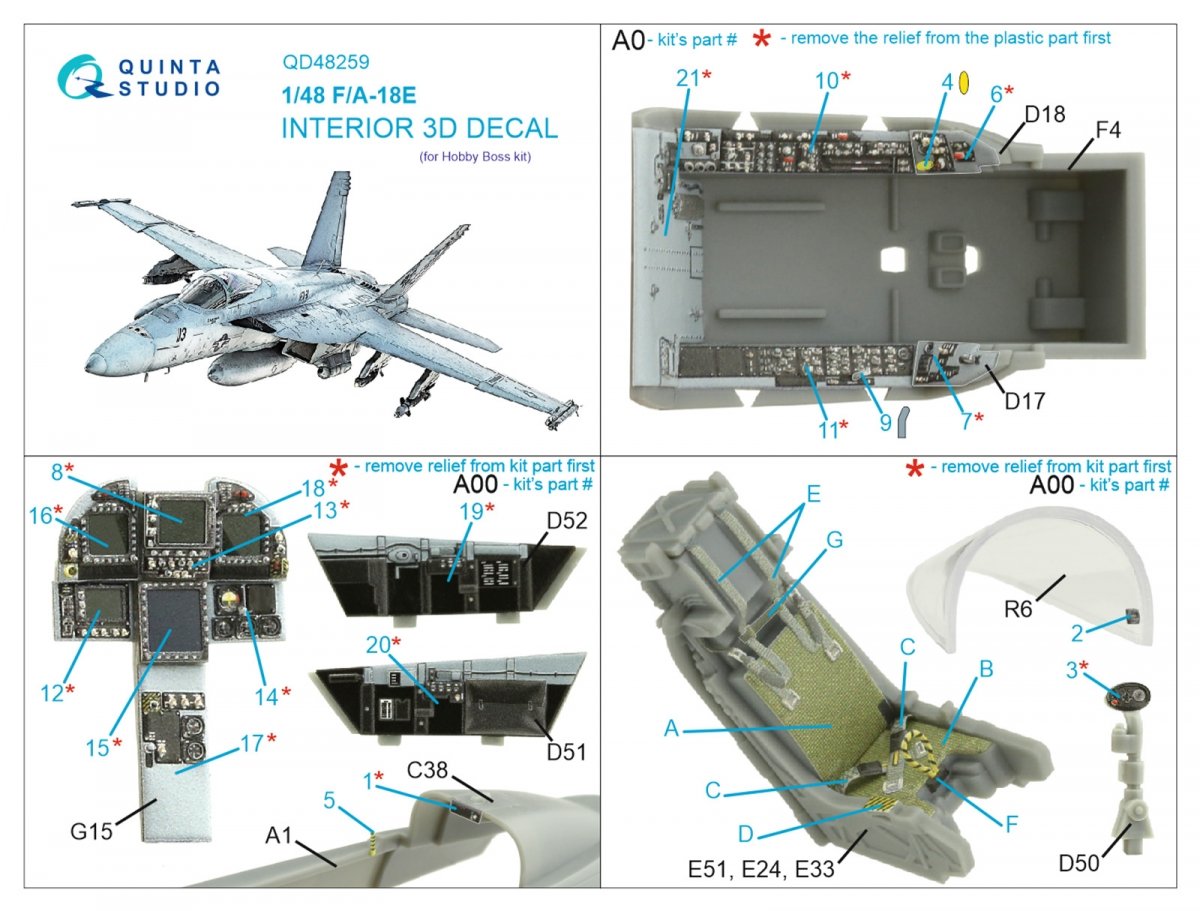 Quinta Studio QD48259 F/A-18E 3D-Printed &amp;amp; coloured Interior on decal paper (HobbyBoss) 1/48 – imagen 2