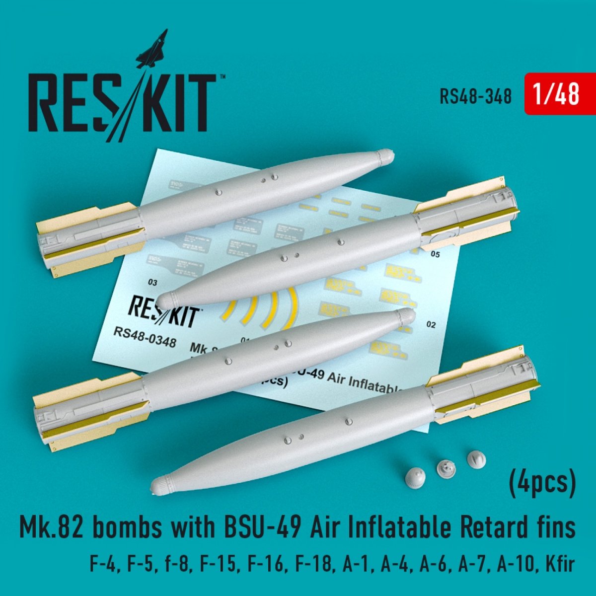 RESKIT RS48-0348 MK.82 BOMBS WITH BSU-49 AIR INFLATABLE RETARD FINS (4PCS) 1/48