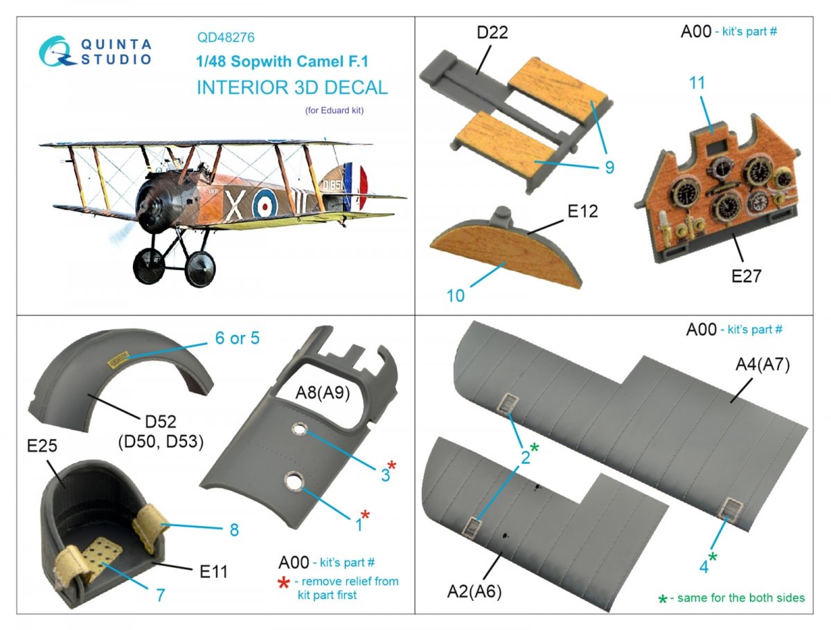 Quinta Studio QD48276 Sopwith Camel F.1 3D-Printed &amp;amp; coloured Interior on decal paper (Eduard) 1/48 – immagine 11