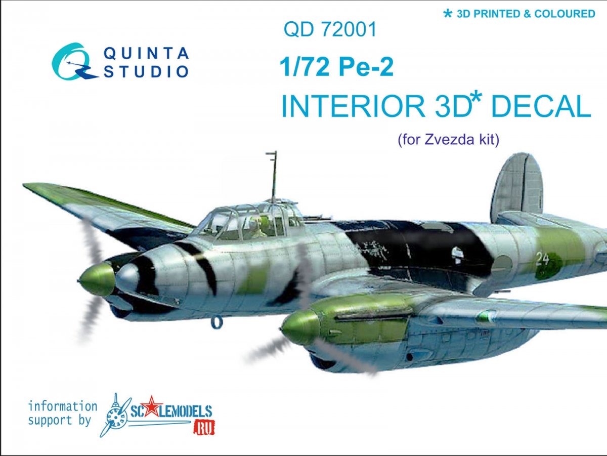 Quinta Studio QD72001 Pe-2 3D-Printed &amp;amp; coloured Interior on decal paper (for 7283 Zvezda kit) 1/72