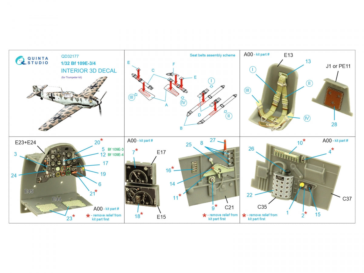 Quinta Studio QD32177 Bf 109E3/4 3D-Printed coloured Interior on decal paper (Trumpeter) 1/32 – imagen 2