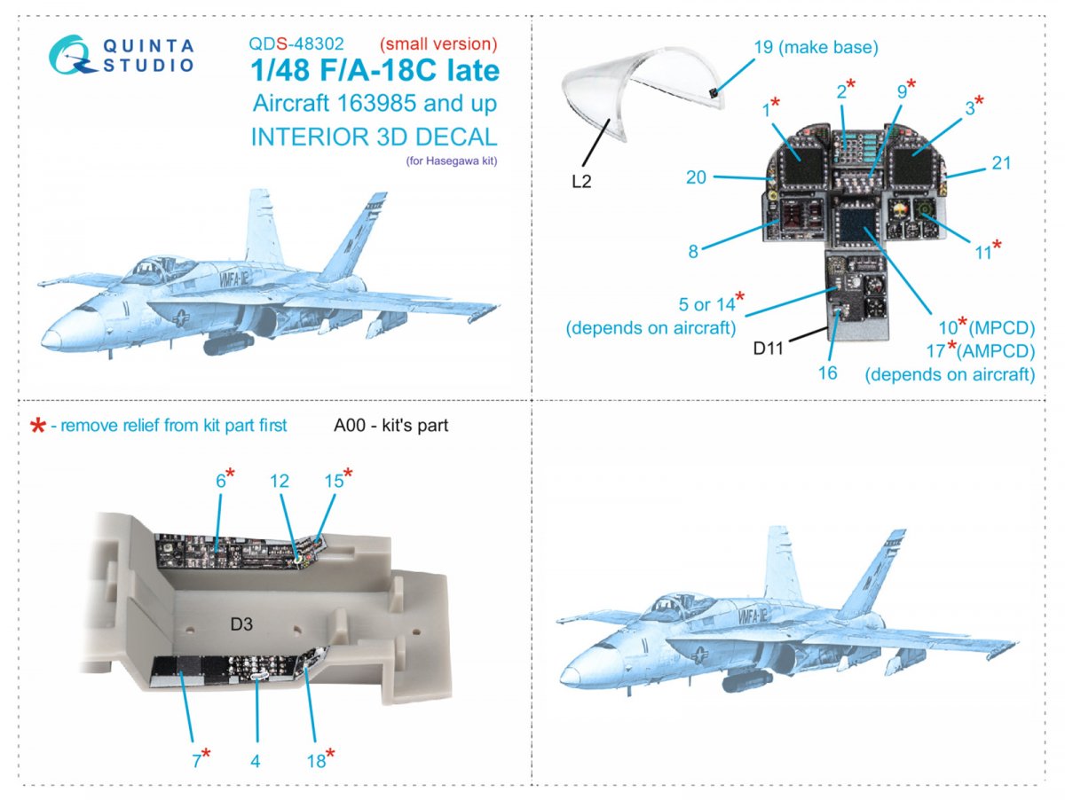 Quinta Studio QDS-48302 F/A-18C late 3D-Printed &amp;amp; colored Interior on decal paper (Hasegawa) (Small version) 1/48 – image 2