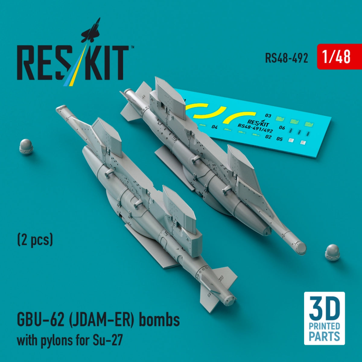 RESKIT RS48-0492 GBU-62 (JDAM-ER) bombs with pylons for Su-27 &amp;quot;Flanker&amp;quot; (2 pcs) (3D Printed) 1/48 – imagen 2