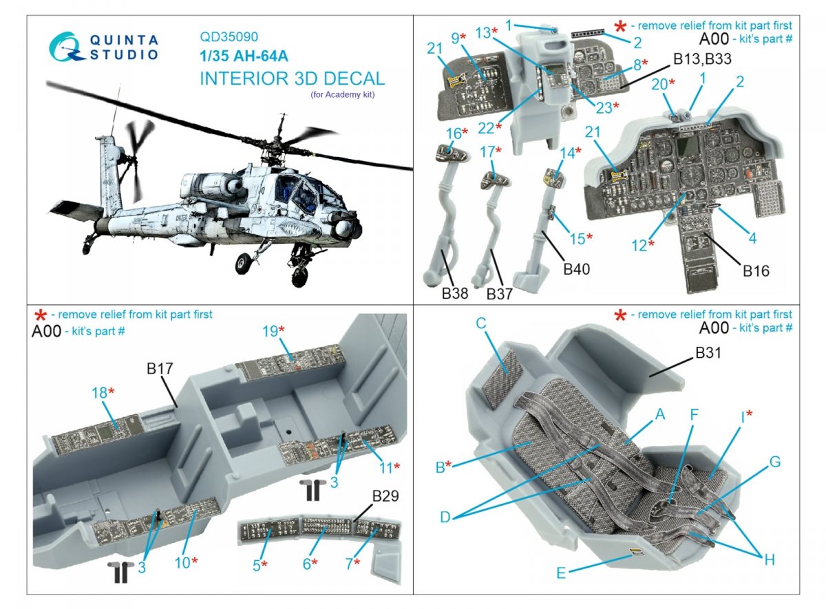 Quinta Studio QD35090 AH-64A 3D-Printed &amp;amp; coloured Interior on decal paper (Academy) 1/35 – imagen 2