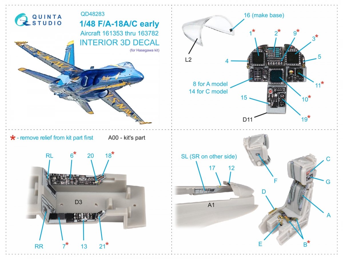 Quinta Studio QD48283 F/A-18A / C early 3D-Printed &amp;amp; coloured Interior on decal paper (Hasegawa) 1/48 – immagine 2