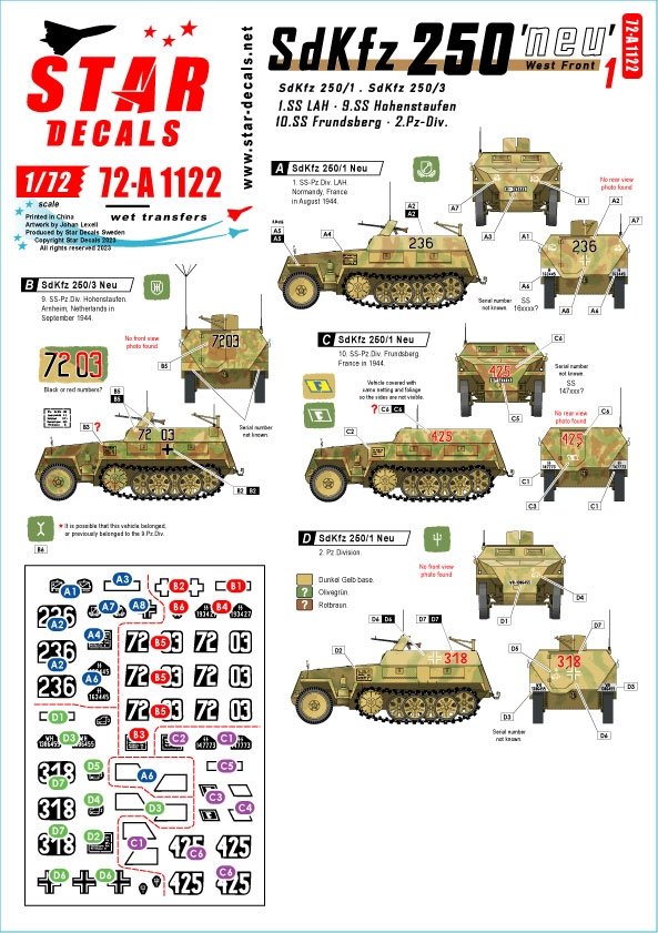 Star Decals 72-A1122 SdKfz 250 &amp;#39;neu&amp;#39; # 1 SdKfz 250/1 and SdKfz 250/3 on the West Front 1/72