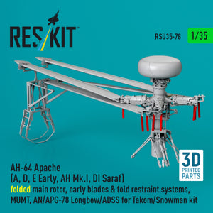 RESKIT RSU35-0078 AH-64 Apache (A, D, E Early, AH Mk.I, DI Saraf) folded main rotor, early blades &amp; fold restraint systems, MUMT, AN/APG-78 Longbow/ADSS for Takom/Snowman kit (3D Printed) 1/35