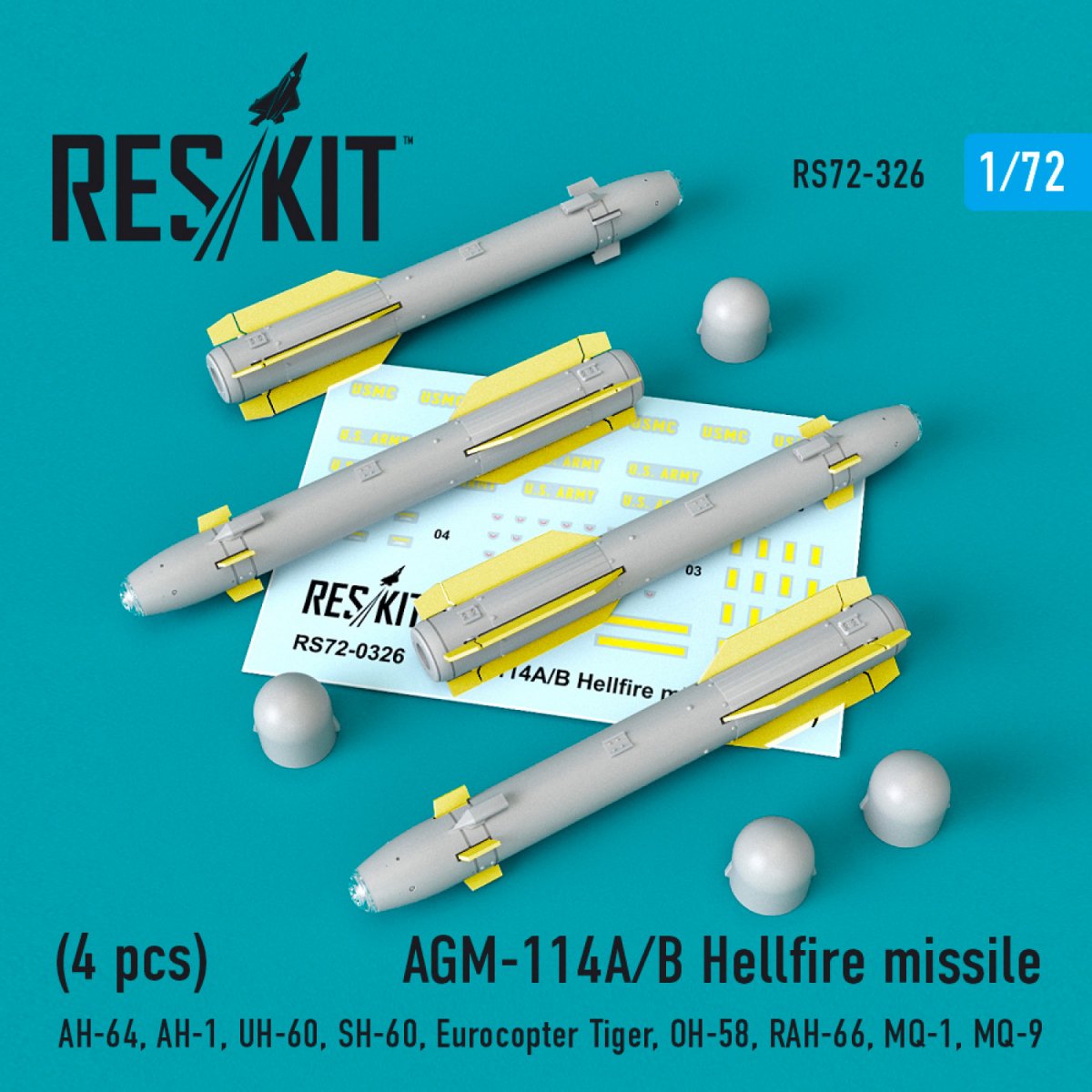 RESKIT RS72-0326 MISSILES HELLFIRE AGM-114A/B (4 PIÈCES) 1/72