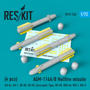 RESKIT RS72-0326 AGM-114A/B HELLFIRE MISSILES (4 PCS) 1/72