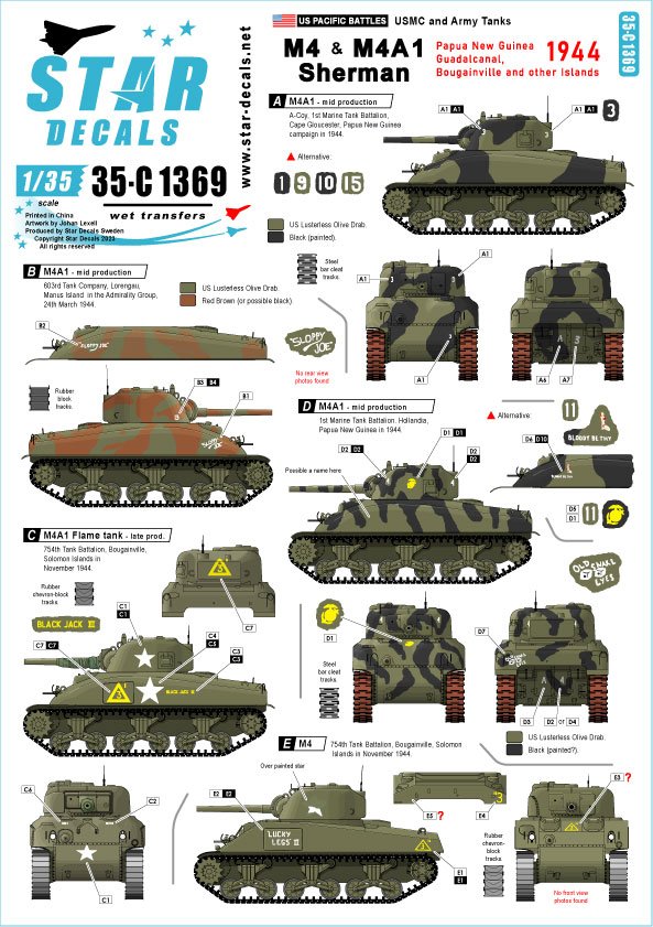 Star Decals 35-C1369 GUERRES DU PACIFIQUE AMÉRICAINES - 1944 M4 et M4A1 (milieu) Sherman 1/35