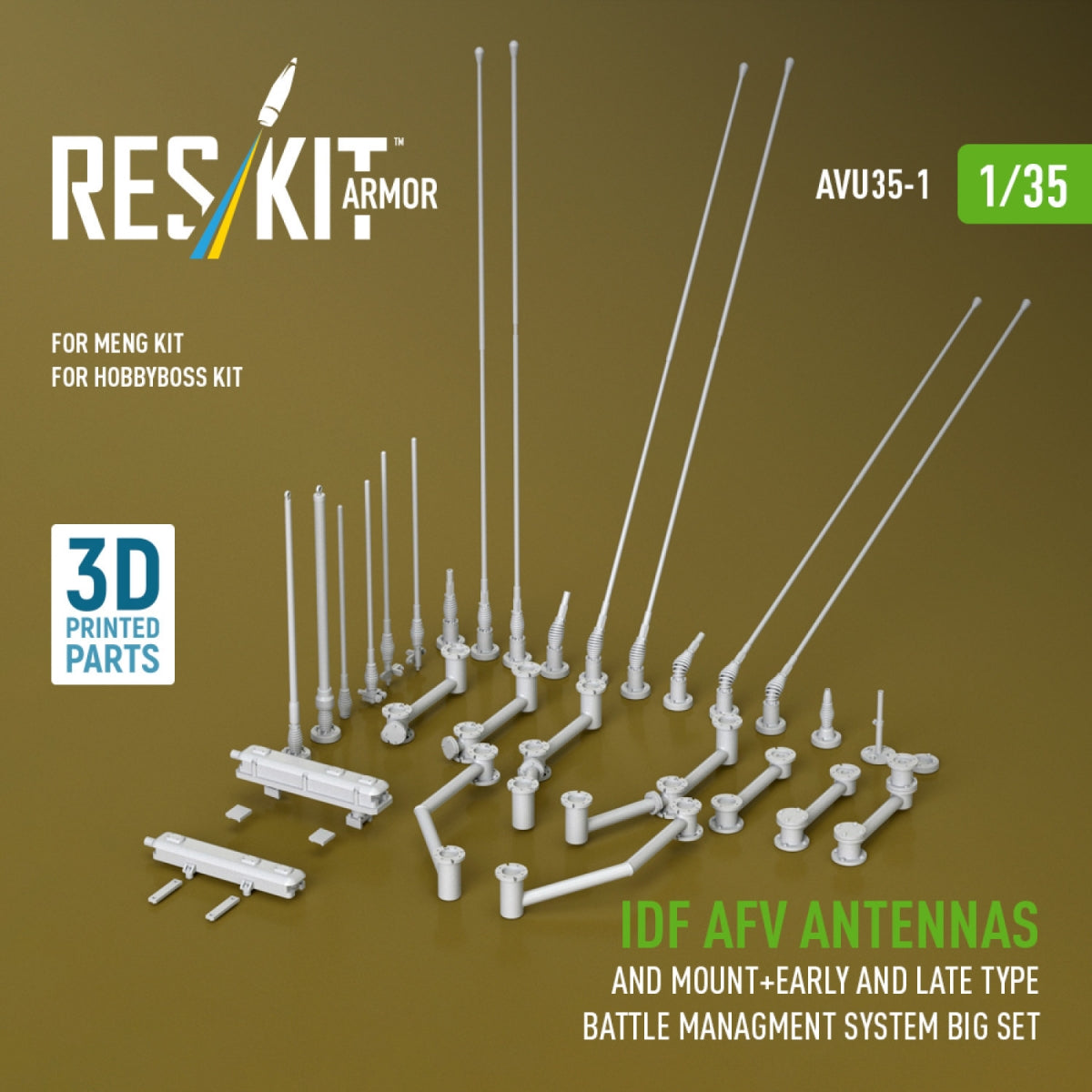 RESKIT AVU35-0001 IDF AFV antennas and mount + early and late type battle managment system big set (3D Printed) 1/35