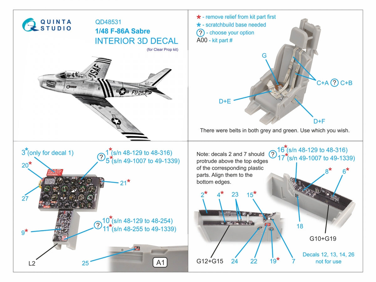 Quinta Studio QD48531 F-86A Sabre 3D-Printed &amp;amp; coloured Interior on decal paper (Clear Prop) 1/48 – imagen 3
