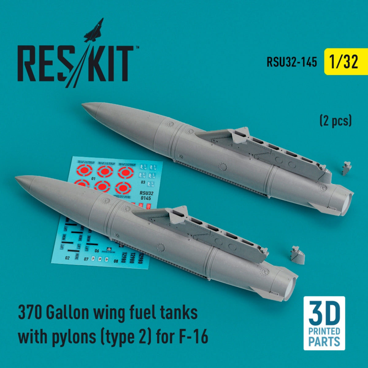 Réservoirs de carburant d'aile RESKIT RSU32-0145 de 370 gallons avec pylônes (type 2) pour F-16 (2 pièces) (Impression 3D) 1/32 