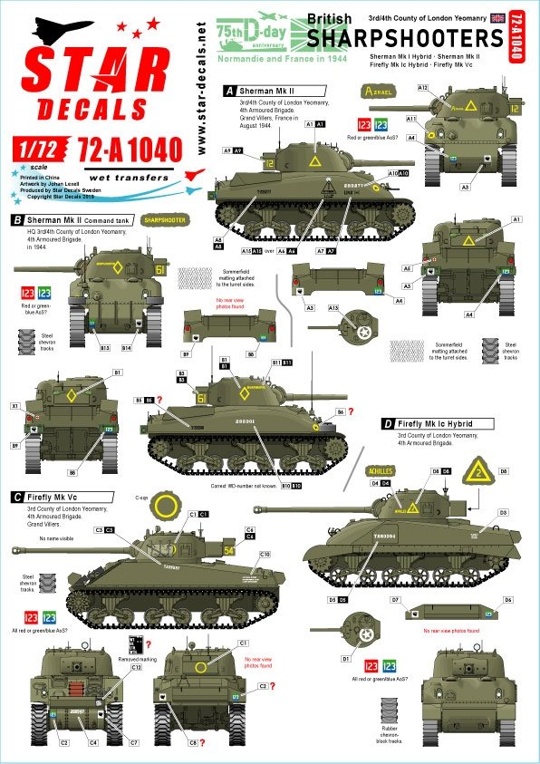 Star Decals 72-A1040 Tireurs d'élite britanniques, 75e régiment spécial du Débarquement. Chars Sherman du 3e/4e régiment de cavalerie du comté de Londres, échelle 1/72. 