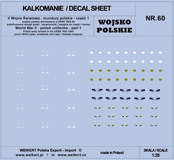 Décalcomanies Weikert DEC260 Uniformes polonais - pattes de boutonnage, épaulettes, insignes pour casquettes et casques - partie 1 - vol. 60 1/35