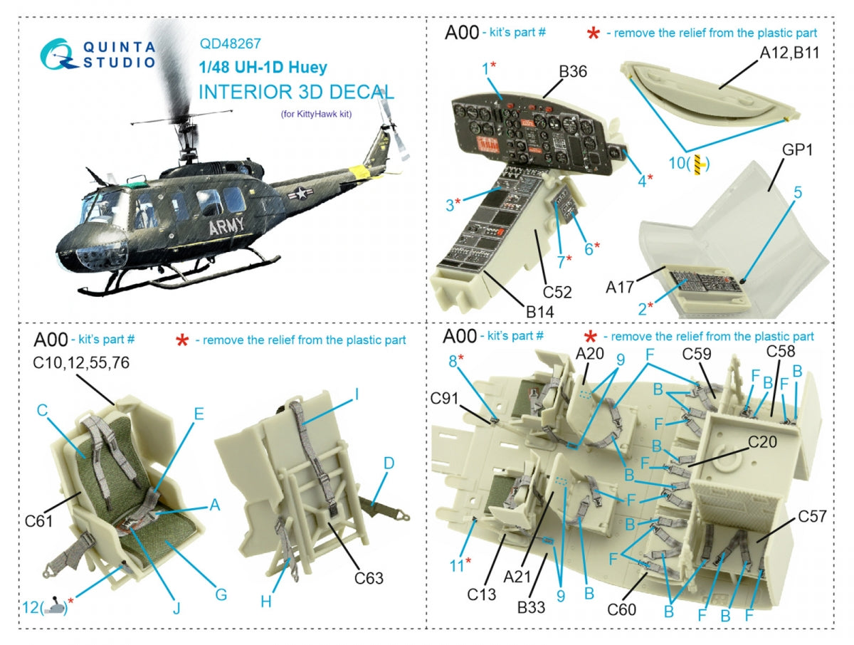 Quinta Studio QD48267 UH-1D 3D-Printed coloured Interior on decal paper (KittyHawk) 1/48 – zdjęcie 2