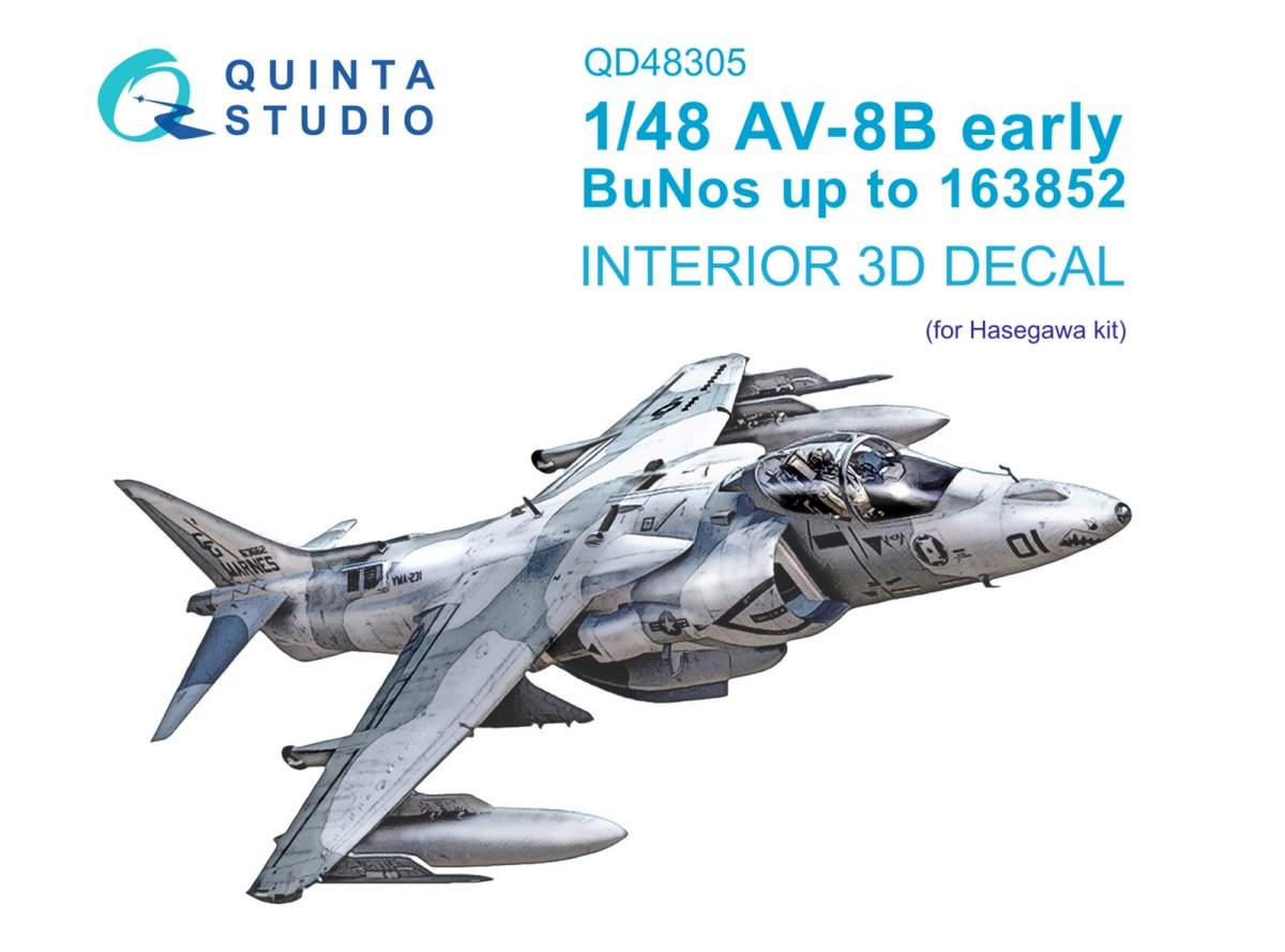 Intérieur imprimé en 3D et coloré sur papier décalcomanie Quinta Studio QD48305 AV-8B (Hasegawa) à l'échelle 1/48