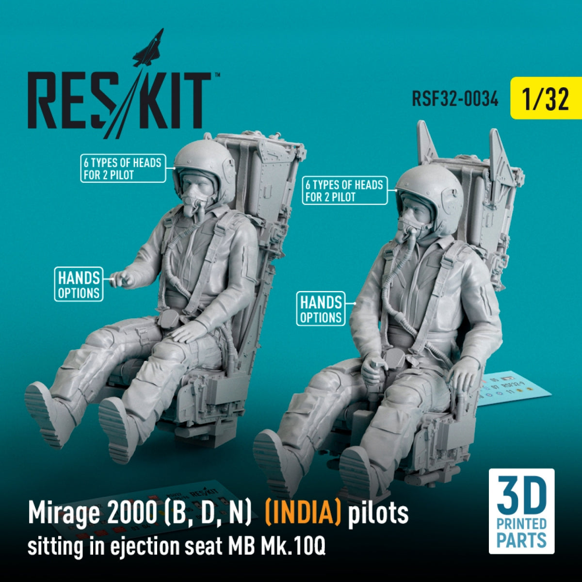 RESKIT RSF32-0034 Mirage 2000 (B, D, N) (INDE) pilotes assis dans un siège éjectable MB Mk.10Q (2 pièces) (Impression 3D) 1/32