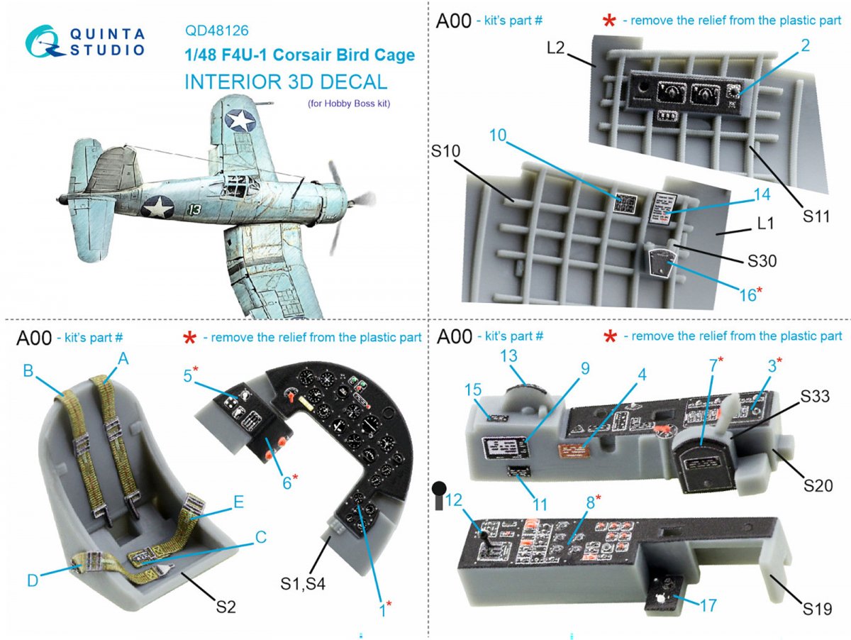 Intérieur imprimé en 3D et coloré sur papier décalcomanie pour F4U-1 Corsair (Hobby Boss) Quinta Studio QD48126 (Cage à oiseaux) 1/48 – image 8