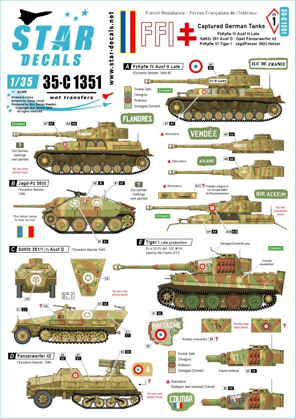 Star Decals 35-C1351 FFI 1. Chars allemands capturés. Résistance française - Forces Françaises de l'Intérieur 1/35