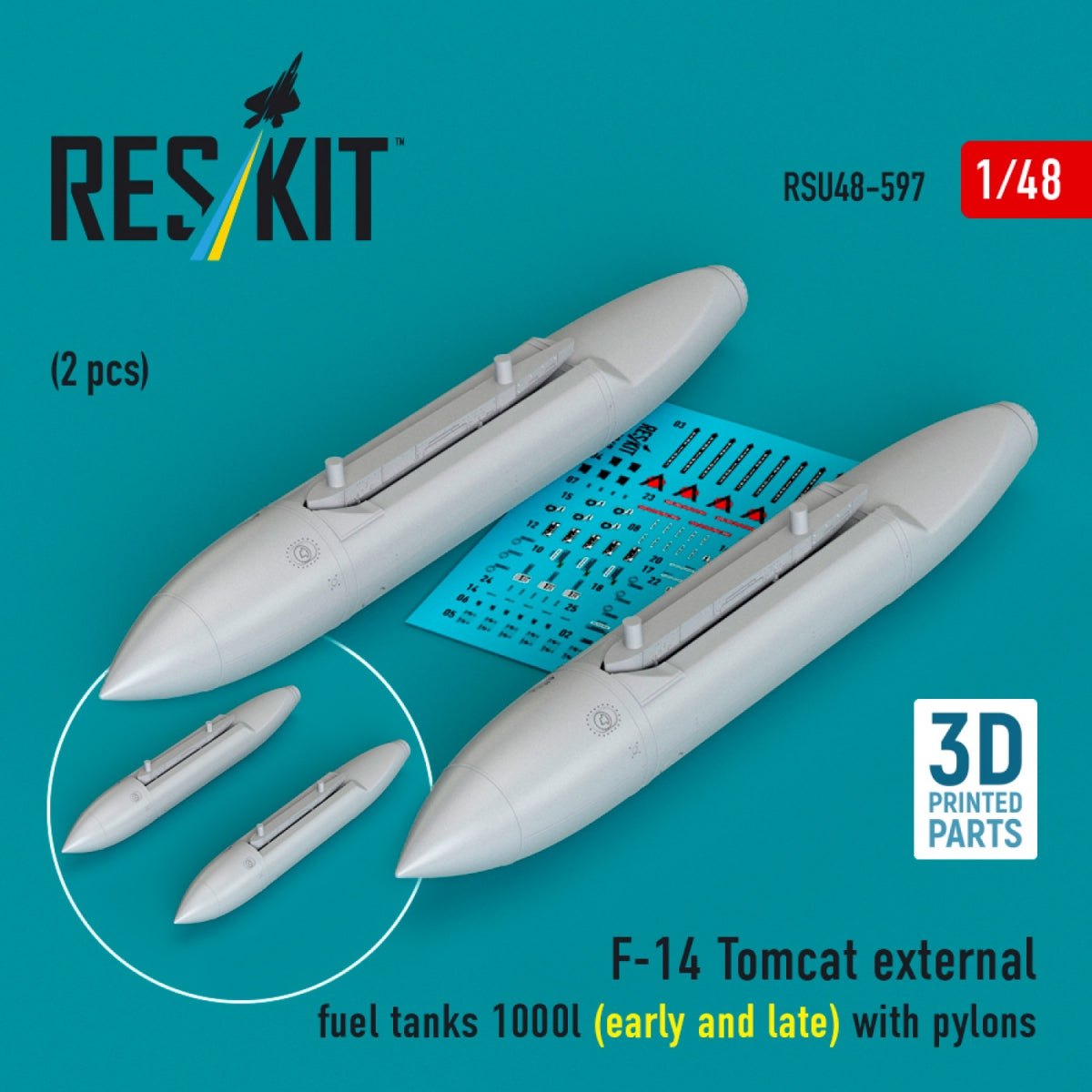 RESKIT RSU48-0597 F-14 Tomcat external fuel tanks 1000l (early and late) with pylons (2 pcs) (3D Printed) 1/48