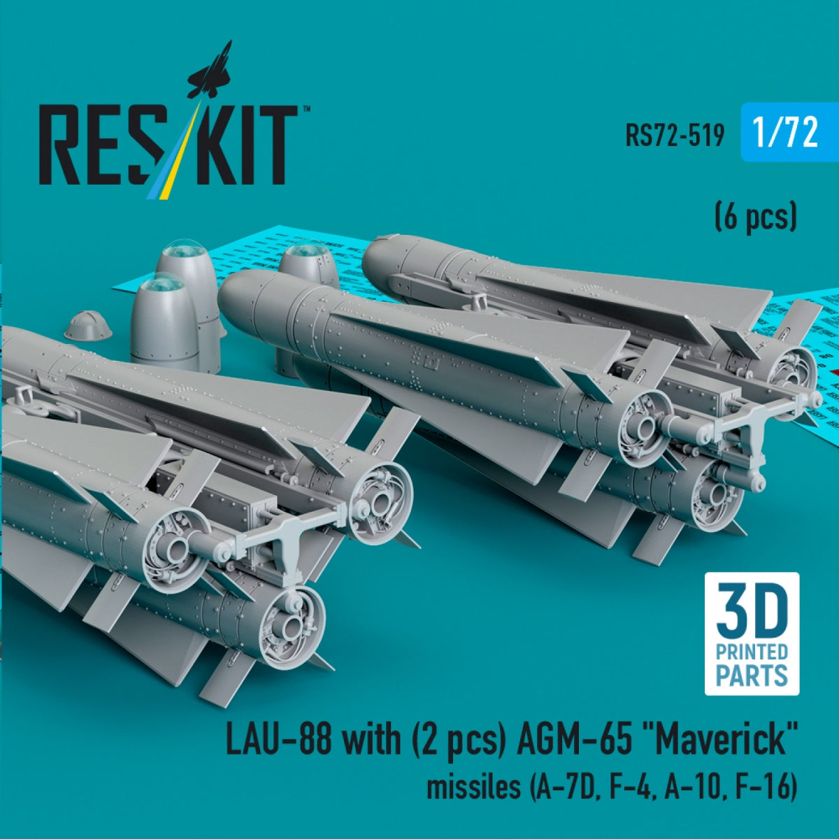 RESKIT RS72-0519 LAU-88 with (2 pcs) AGM-65 &amp;quot;Maverick&amp;quot; missiles (6 pcs) (3D Printed) 1/72 – zdjęcie 2