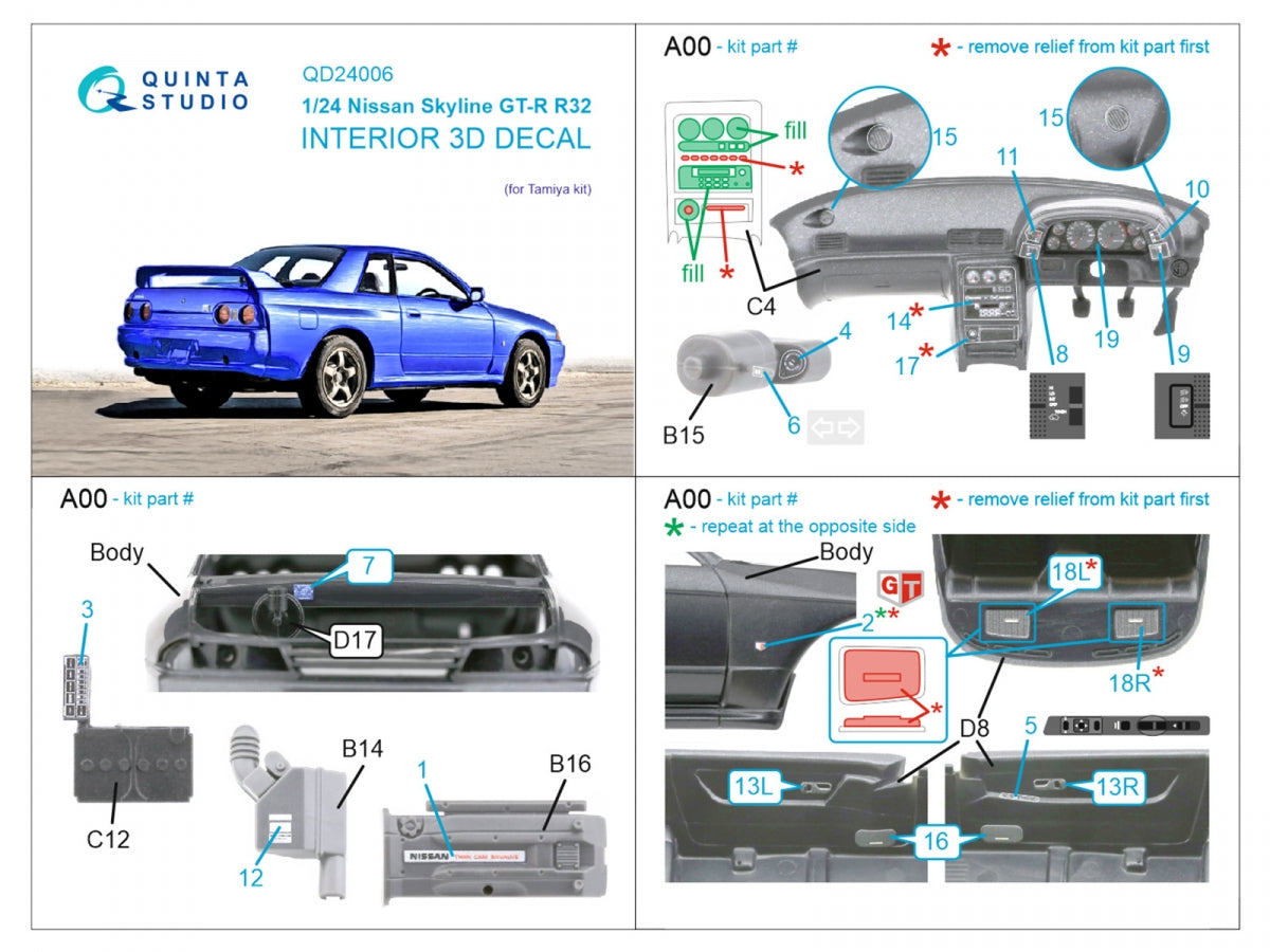 Quinta Studio QD24006 Nissan Skyline GT-R R32 3D-Printed &amp;amp; coloured Interior on decal paper (Tamiya) 1/24 – imagen 2