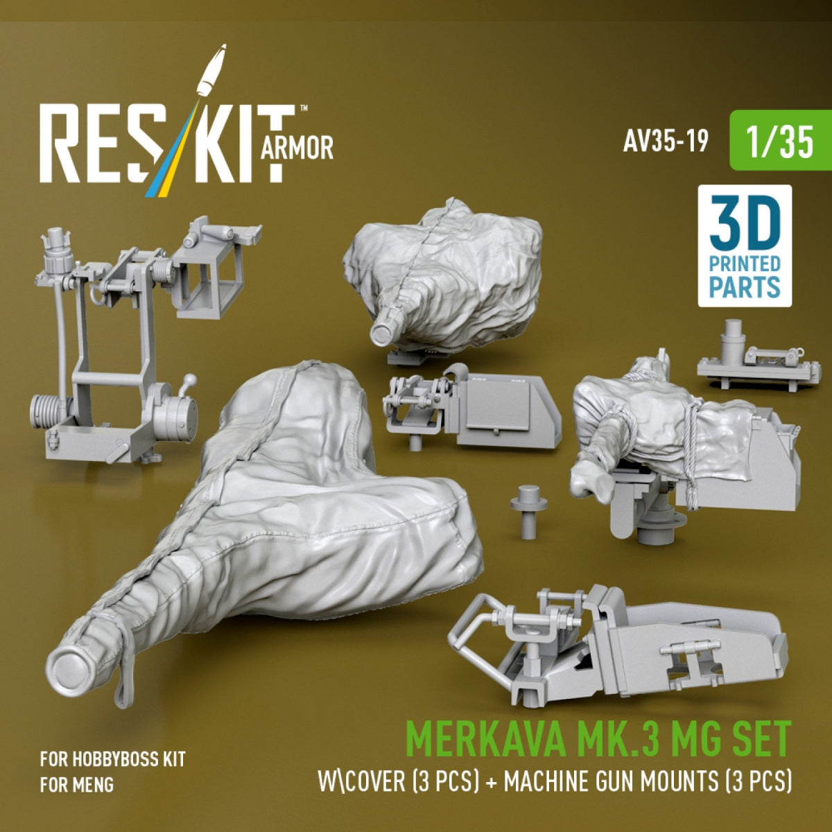 RESKIT AV35-0019 Merkava Mk.3 MG set wcover (3 pcs) + machine gun mounts (3 pcs) for Meng/HobbyBoss kit (3D Printed) 1/35