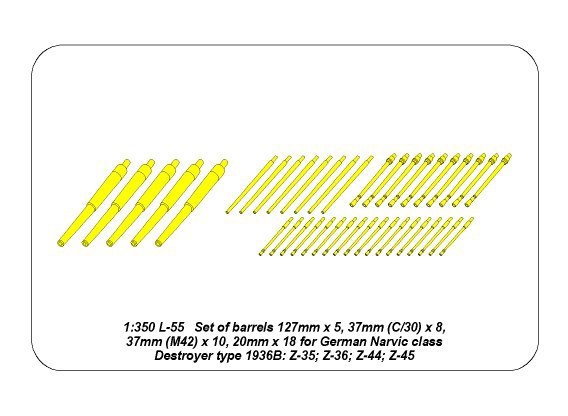 Aber 350L-55 Set of Barrels for Narvic classe destroyers type 1936B: 127mm x 5; 37mm (C/30) x 8; 37mm(M42) x 10; 20mm x 18 1/350 – Bild 3