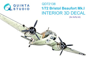 Quinta Studio QD72138 Bristol Beaufort Mk.I 3D-Printed coloured Interior on decal paper (Airfix) 1/72