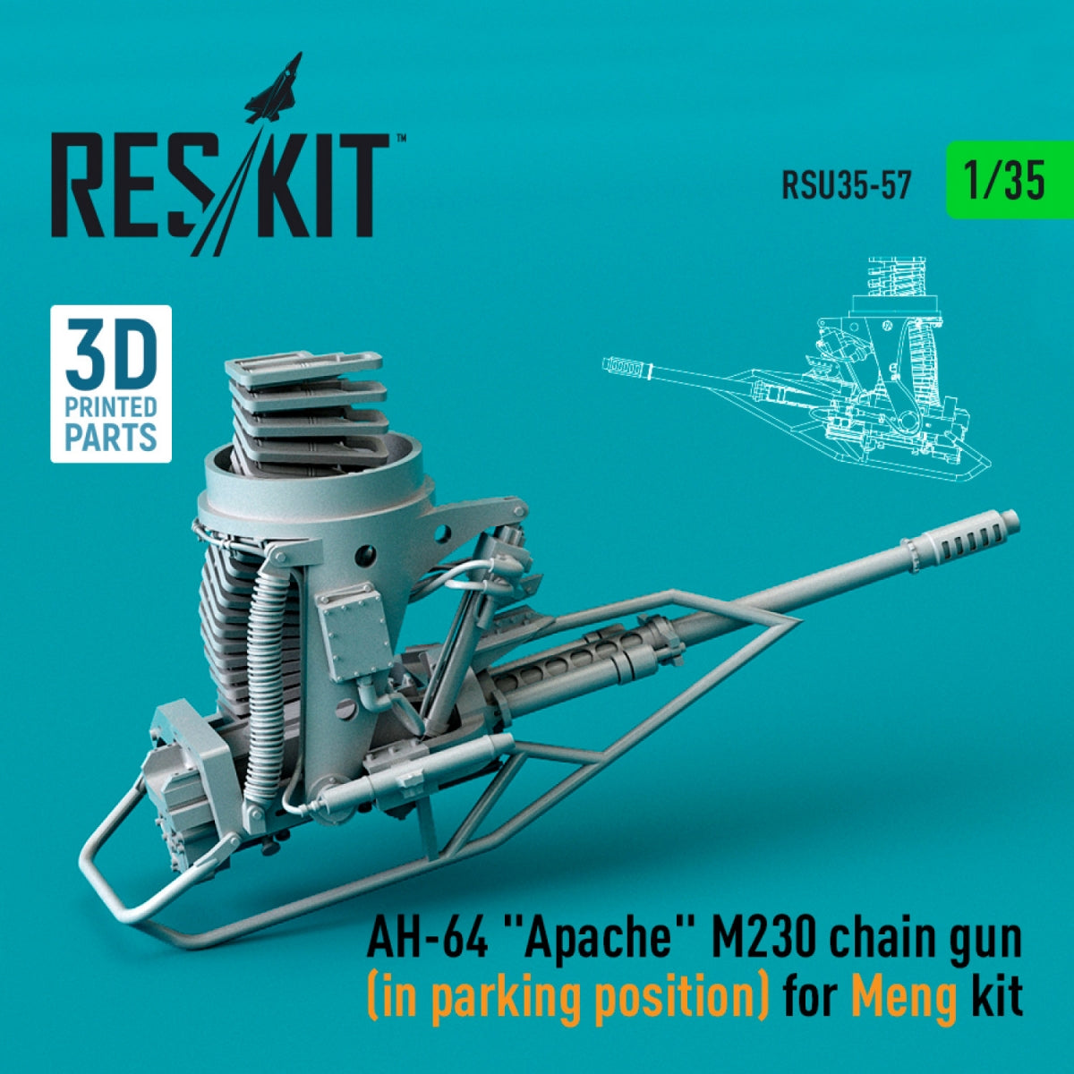 RESKIT RSU35-0057 AH-64 « APACHE » M230 TRAIN ​​GUN (EN POSITION DE STATIONNEMENT) POUR MAQUETTE MENG (IMPRIMÉE EN 3D) 1/35