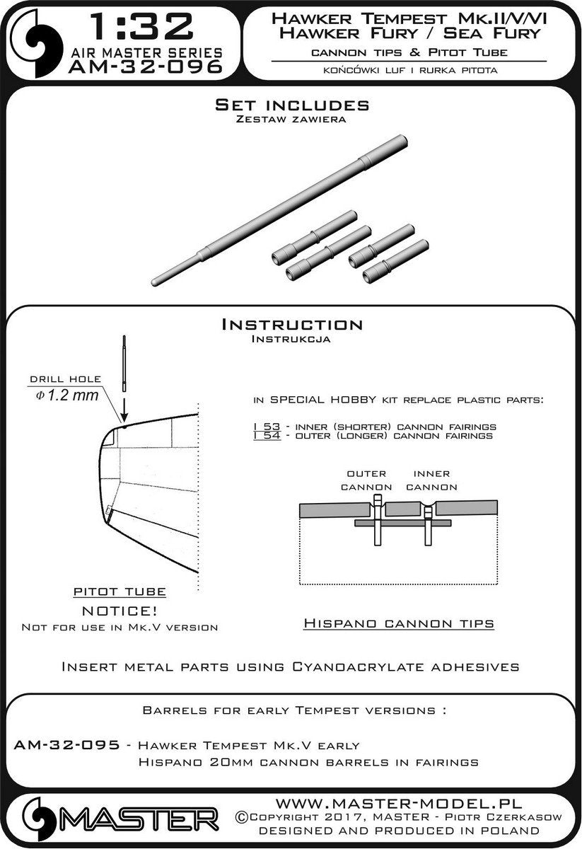 Master AM-32-096 Hawker Tempest Mk.II/V/VI i Hawker Fury/Sea Fury - końcówki luf Hispano Mk.V i Rurka Pitota 1/32 – imagen 4