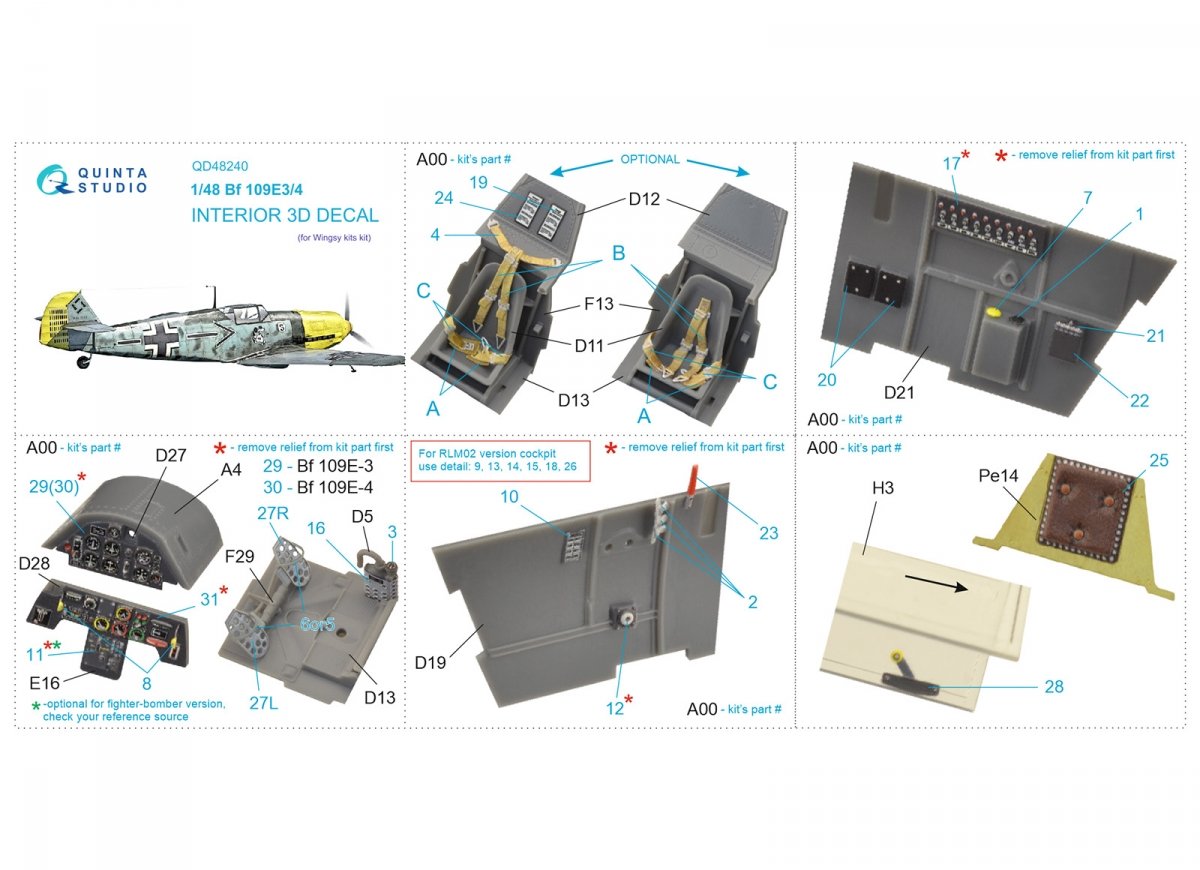 Intérieur imprimé en 3D et coloré sur papier décalcomanie pour Bf 109E-3/4 (kits Wingsy) de Quinta Studio QD48240, échelle 1/48 – image 2