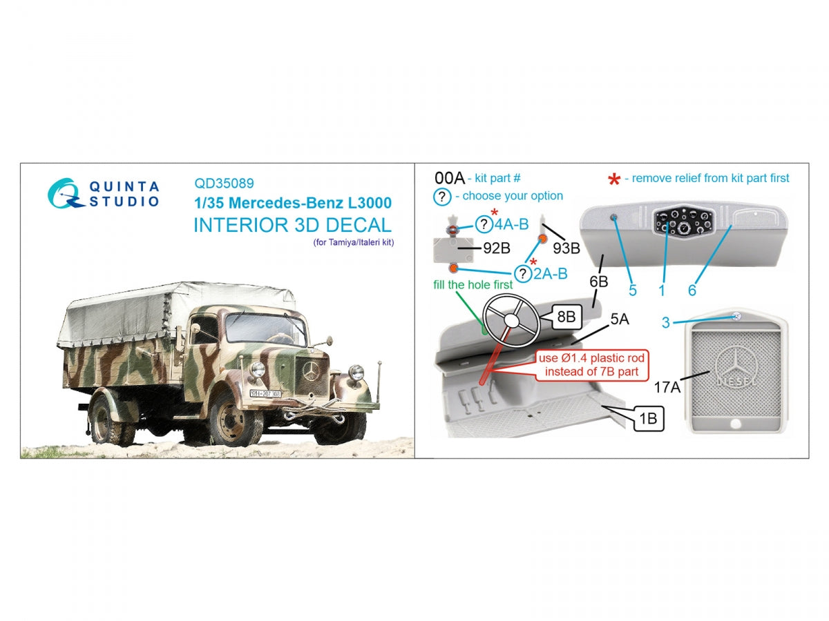 Quinta Studio QD35089 Mercedes-Benz L3000 3D-Printed &amp;amp; coloured Interior on decal paper (Tamiya/Italeri) 1/35 – Bild 2