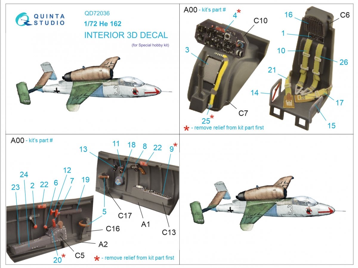 Quinta Studio QD72036 He 162 3D-Printed &amp;amp; coloured Interior on decal paper (Special Hobby) 1/72 – imagen 11