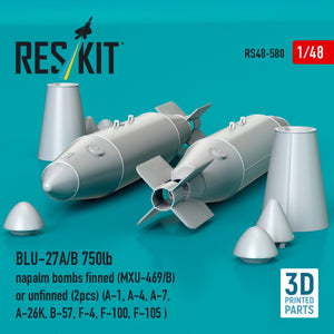 RESKIT RS48-0580 BLU-27A/B 750lb napalm bombs finned (MXU-469/B) or unfinned (2pcs) (A-1, A-4, A-7, A-26K, B-57, F-4, F-100, F-105 ) (3D Printed) 1/48
