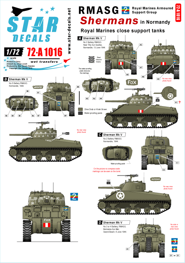 Star Decals 72-A1016 RMASG Sherman. Chars de soutien des Royal Marines en Normandie, échelle 1/72
