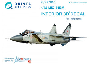 Quinta Studio QD72016 MiG-31BM 3D-Printed &amp;amp; coloured Interior on decal paper (for Trumpeter kit) 1/72