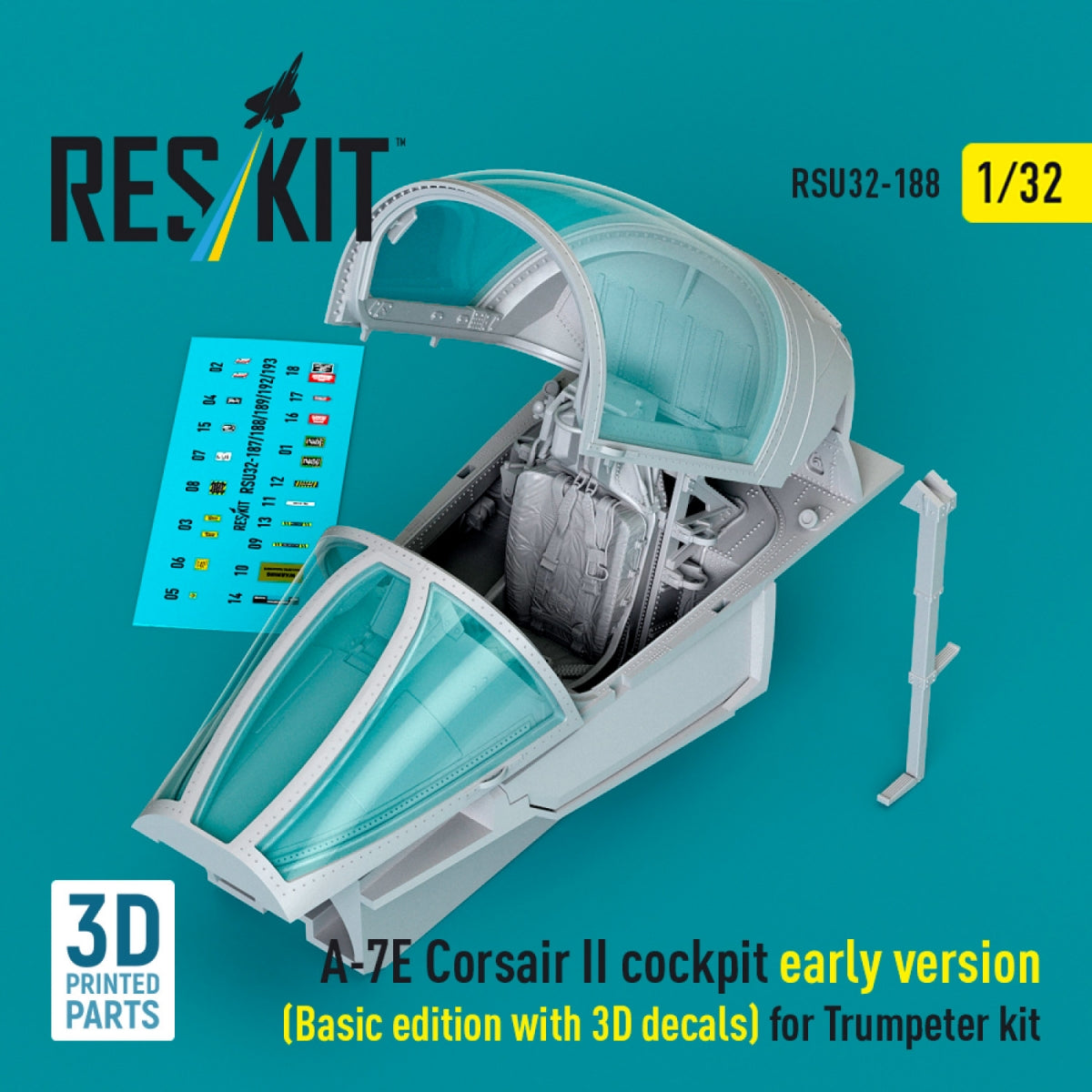 RESKIT RSU32-0188 A-7E Corsair II early cockpit (Basic edition with 3D decals) for Trumpeter kit (3D Printed) 1/32