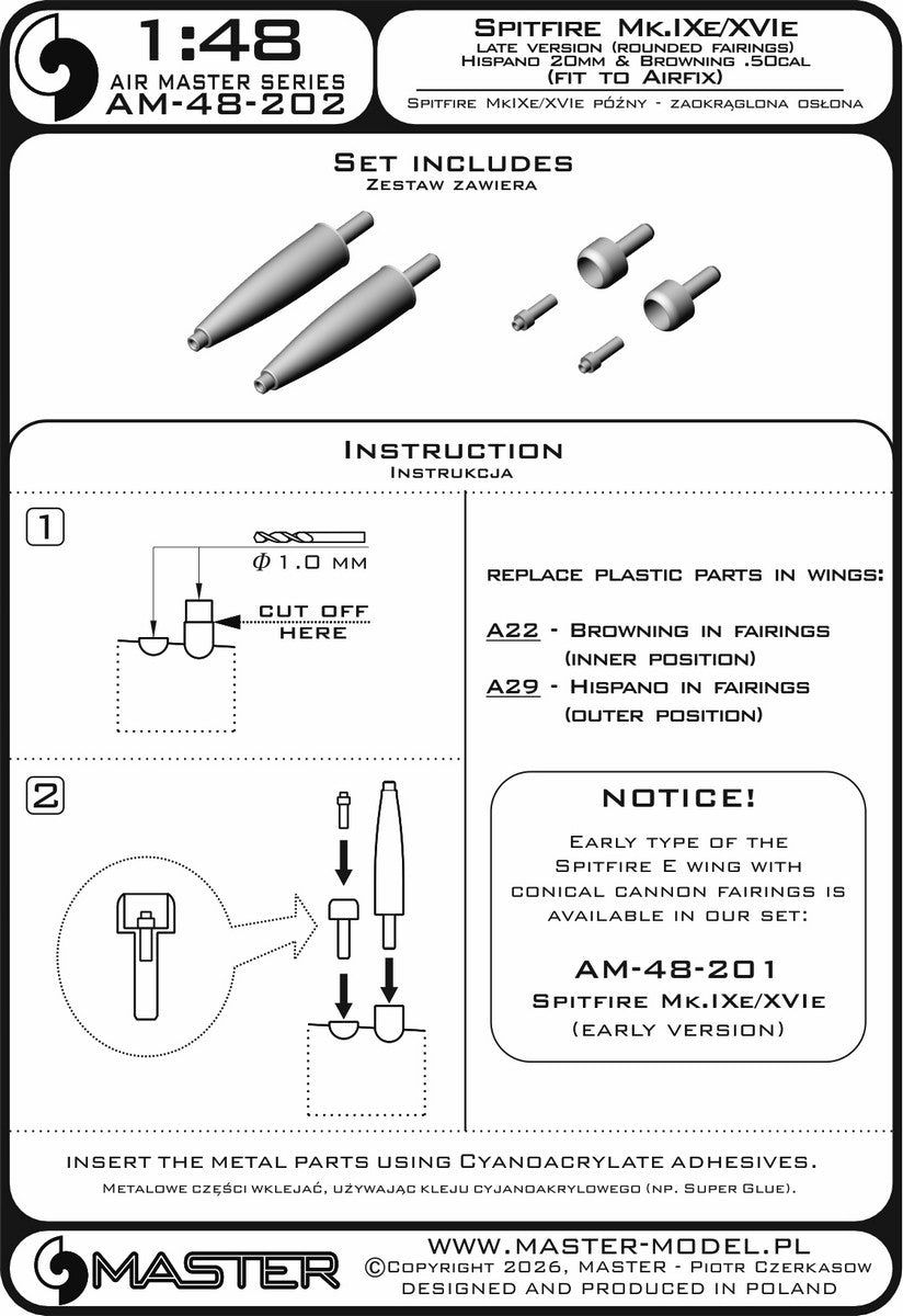 Master AM-48-202 Spitfire Mk.IXe/XVIe późna wersja - zaokrąglona osłona luf działek Hispano 20mm oraz km Browning .50cal w osłonie (do modelu Airfix) 1/48 – image 6
