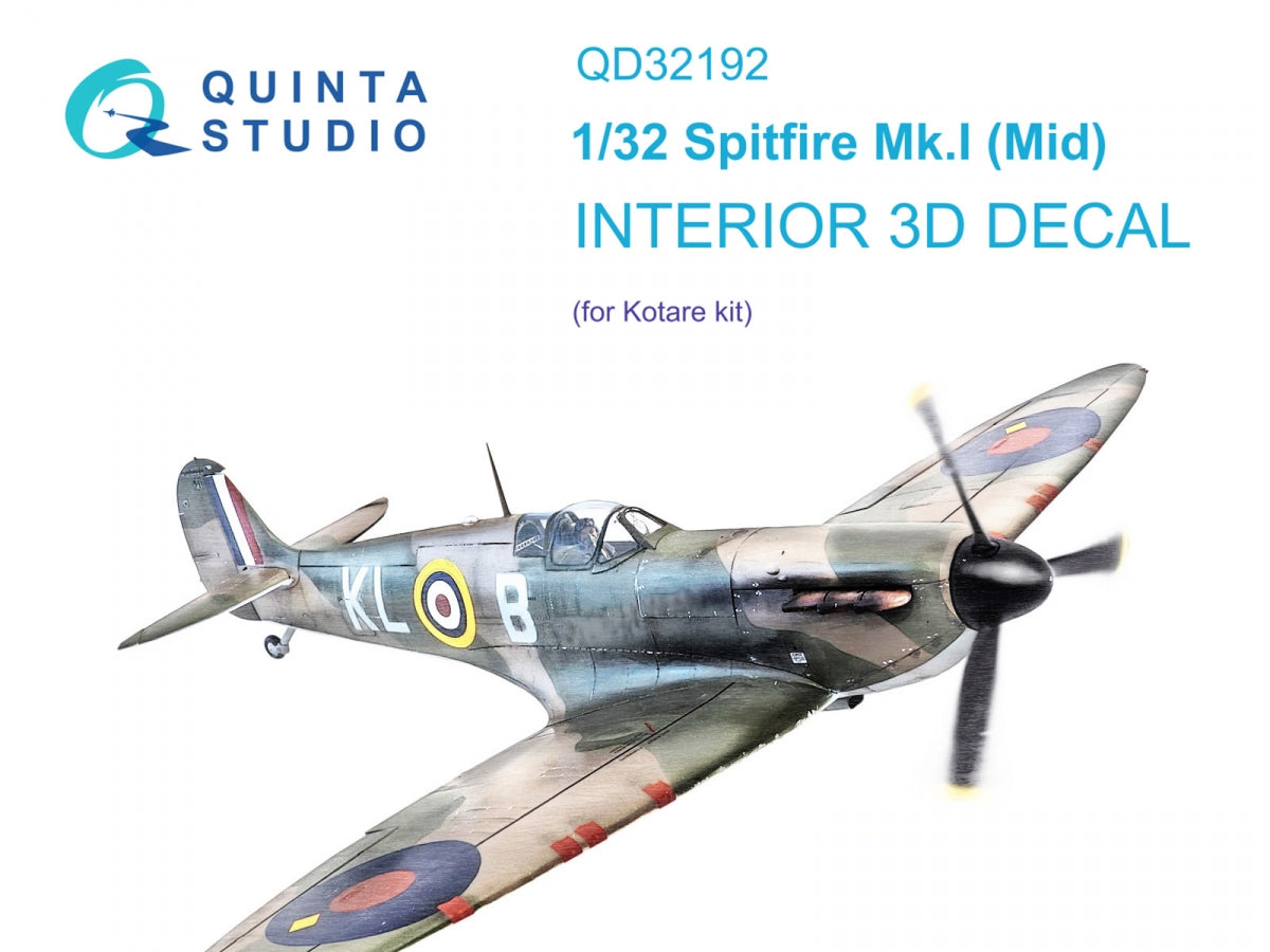 Quinta Studio QD32192 Spitfire Mk.1 (Mid) 3D-Printed &amp;amp; coloured Interior on decal paper (Kotare) 1/32