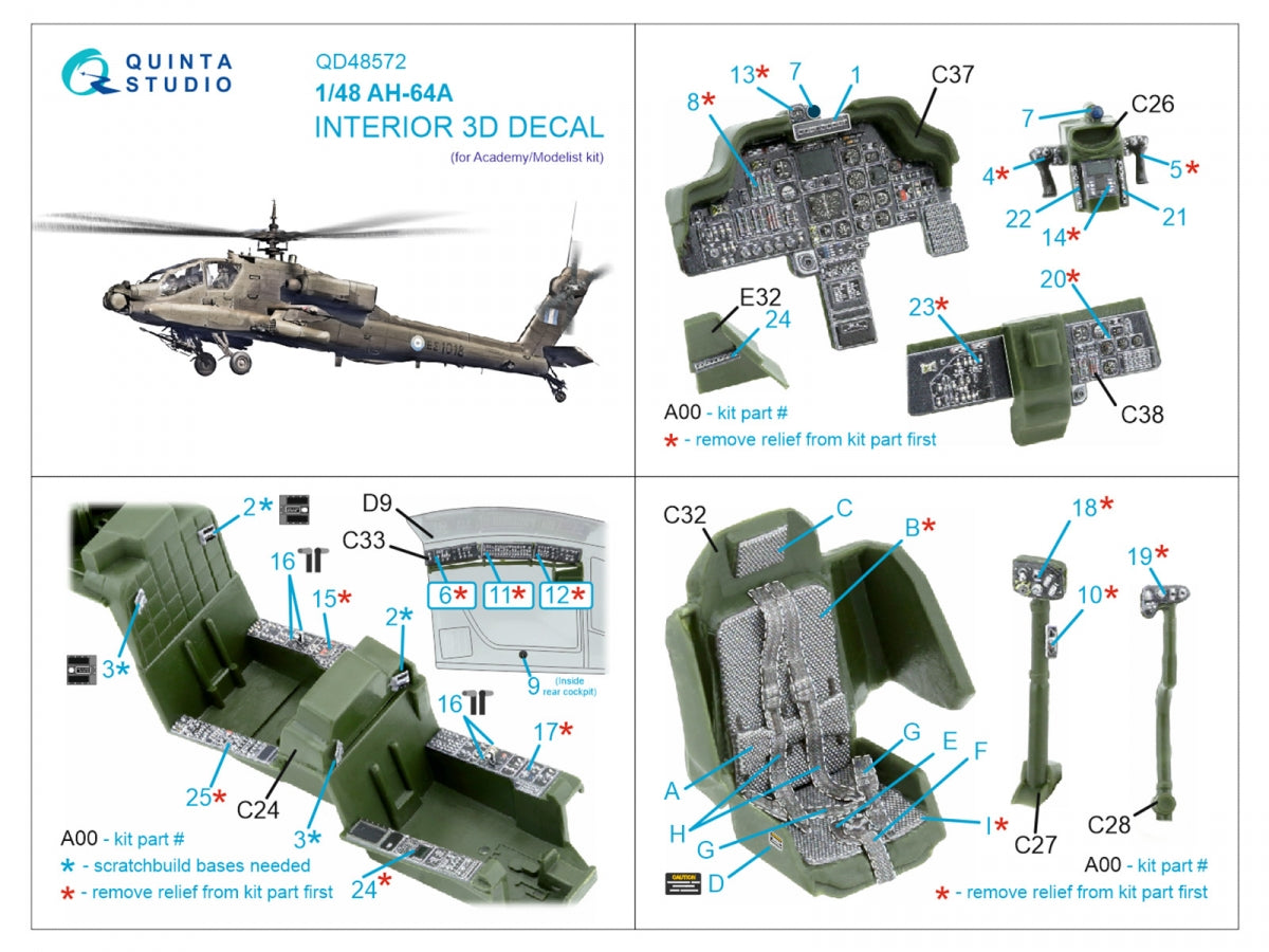 Quinta Studio QD48572 AH-64A 3D-Printed &amp;amp; coloured Interior on decal paper (Academy/Modelist) 1/48 – imagen 12