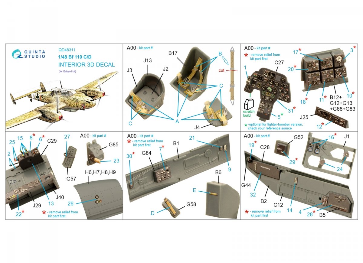Quinta Studio QD48311 Bf 110C/D 3D-Printed &amp;amp; coloured Interior on decal paper (Eduard) 1/48 – immagine 6