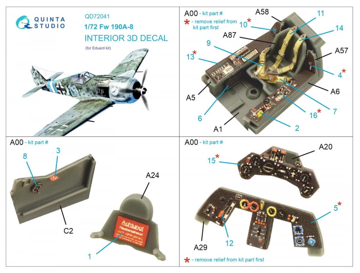 Quinta Studio QD72041 Fw 190A-8 3D-Printed &amp;amp; coloured Interior on decal paper (Eduard) 1/72 – imagen 2