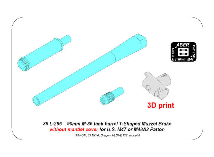 Aber 35 L-286 90 mm M-36 Tank Barrel with T-Shaped Muzzle Brake for  M47 / M48A3 Patton Tanks without Mantlet Cover 1/35 – image 5