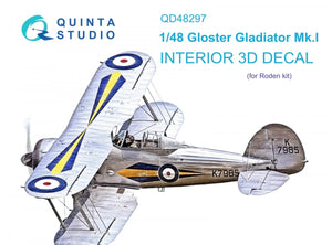 Quinta Studio QD48297 Gloster Gladiator MKI 3D-Printed &amp;amp; coloured Interior on decal paper (Roden) 1/48