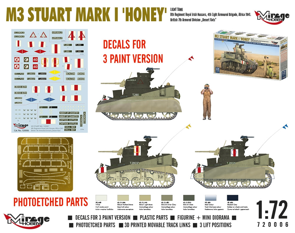 Mirage Hobby 720006 M3 Stuart Mk.I Honey Light Tank 1/72 – imagen 5